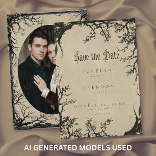 Gothic Raven Tree Schwarz Beige Hochzeitsfoto Save The Date