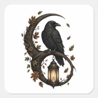 Gothic Raven und Kerzenlaterne – Dark Academia Ar Quadratischer Aufkleber