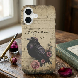 Gothic Raven und Vintage-Floral-Schrift iPhone 16 Hülle
