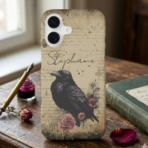 Gothic Raven und Vintage-Floral-Schrift iPhone 16 Hülle