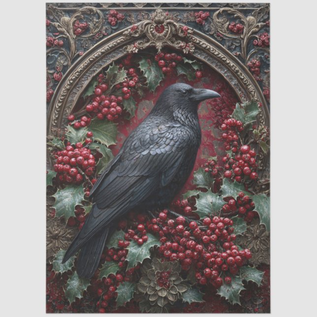 Gothic Raven with Holly and Berries Seidenpapier (Vorderseite)