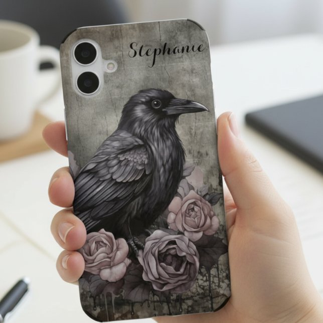 Gothic Raven with Roses Dark iPhone 16 Hülle (Gothic black raven phone case)