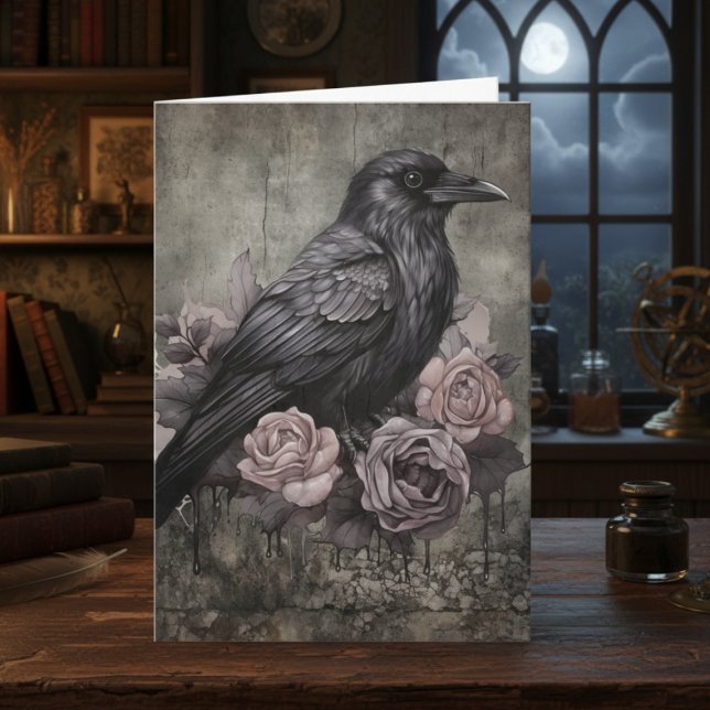 Gothic Raven with Roses Dark Karte (Black raven with roses note card)