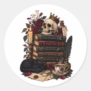 Gothic Reader Literarischer Bücherwurm Schädel & R Runder Aufkleber