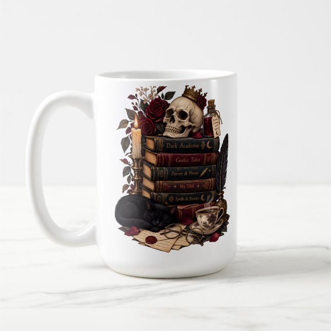 Gothic Reader Literarischer Bücherwurm Schädel und Kaffeetasse (Links)