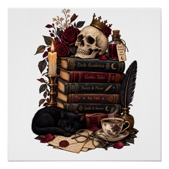 Gothic Reader Literarischer Bücherwurm Schädel und Poster (Vorderseite)