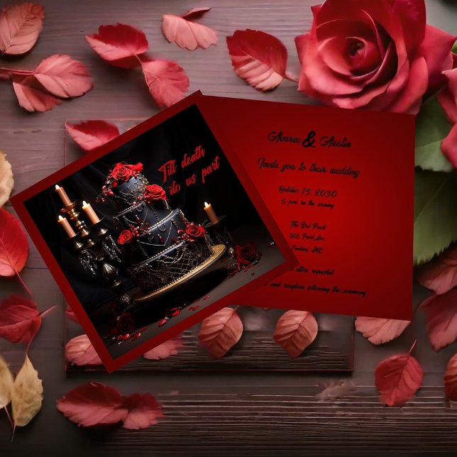 Gothic Red and Black Rose Hochzeitstorte Einladung (Von Creator hochgeladen)