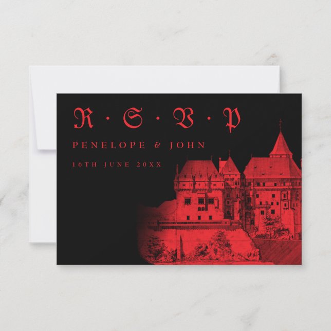 Gothic Red Black Castle Hochzeit in Urlaubsort RSVP Karte (Vorderseite)