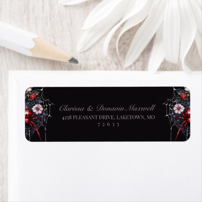 Gothic Red Black Floral Spider Web Return Address (Insitu)