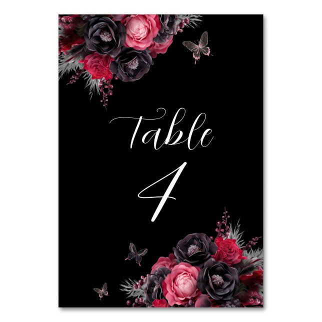 Gothic Red & Black Moody Florals Quinceañera Tischnummer (Vorderseite)