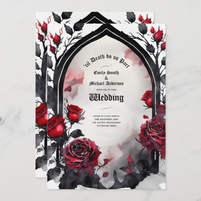 Gothic Red Black Rose bis zum Tod machen uns Teil Einladung (Vorne/Hinten)