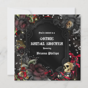 Gothic Red Black Roses & Skulls Bling Einladung