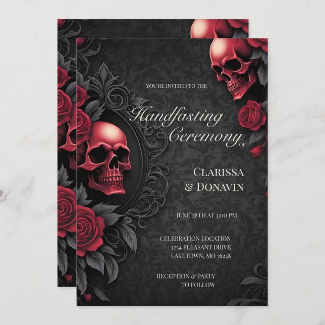 Gothic Red & Black Skull & Rose Damask Handfasting Einladung (Vorne/Hinten)