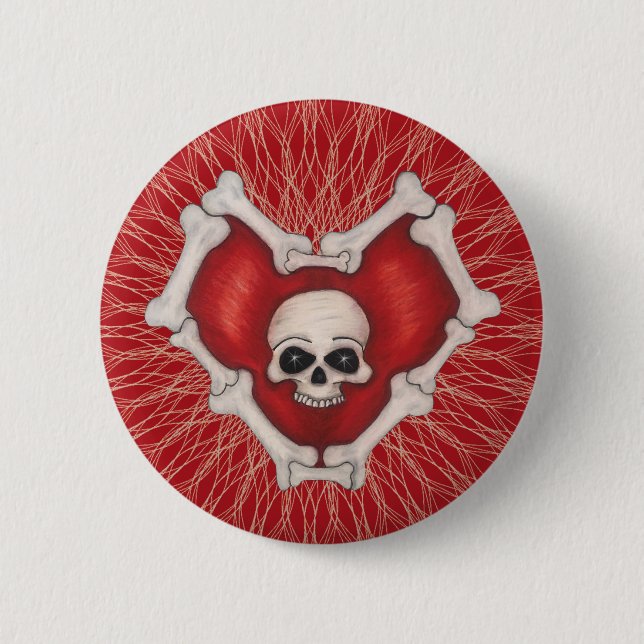 Gothic Red Bone Herz Skull in Centre Spirallinien Button (Vorderseite)