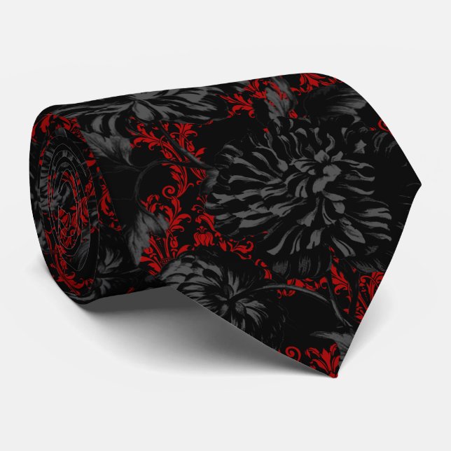Gothic Red Damask Black Floral 2 Wedding Neck Tie Krawatte (Gerollt)