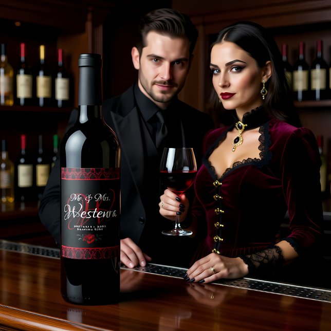 Gothic Red Damask Rose Wedding Weinetikett (Von Creator hochgeladen)