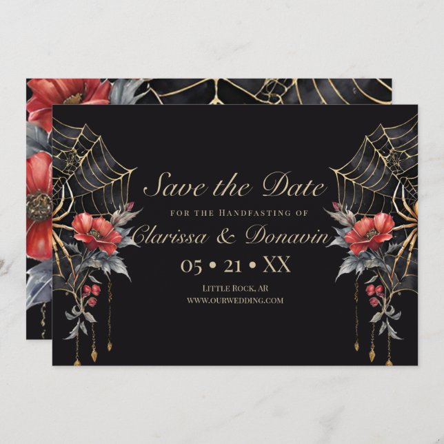 Gothic Red & Gold Floral Spider Web Handfasts Save The Date (Vorne/Hinten)