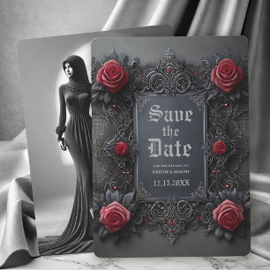Gothic Red Gray Floral Foto Save the Date