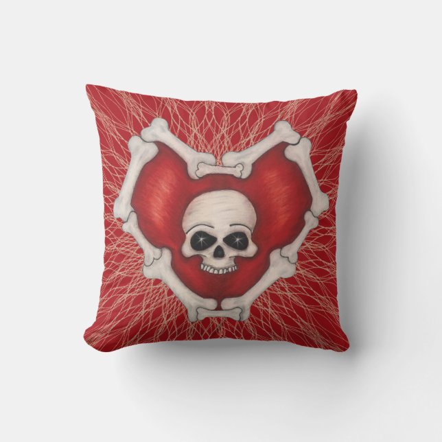 Gothic Red Heart on Spirals White Skull and Bones Kissen (Vorderseite)