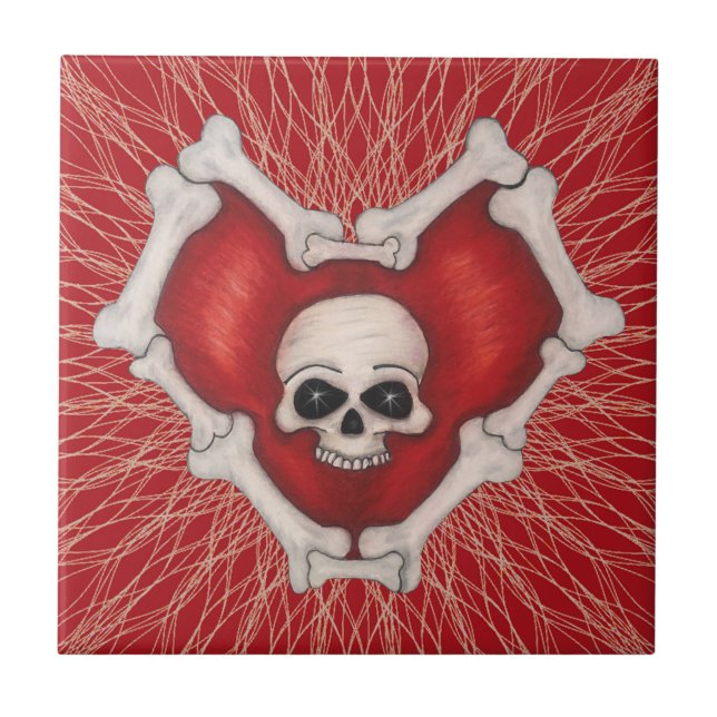 Gothic Red Heart with Bones Skull in Centre Spiral Fliese (Vorderseite)