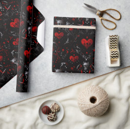 Gothic Red Hearts and Gray Skulls Geschenkpapier