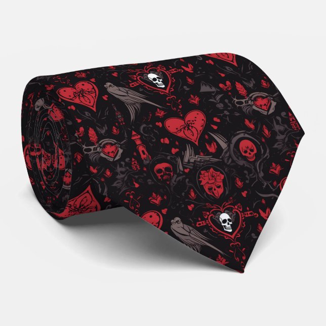 Gothic Red Hearts, Totenköpfe und Krähen Krawatte (Gerollt)