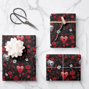 Gothic Red Hearts und Rosen Geschenkpapier Set