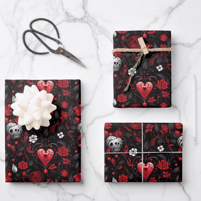 Gothic Red Hearts und Rosen  Geschenkpapier Set (Vorderseite)