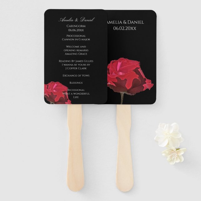Gothic Red Rose auf schwarzem Hochzeitsprogramm Fächer (Vorne und Hinten)
