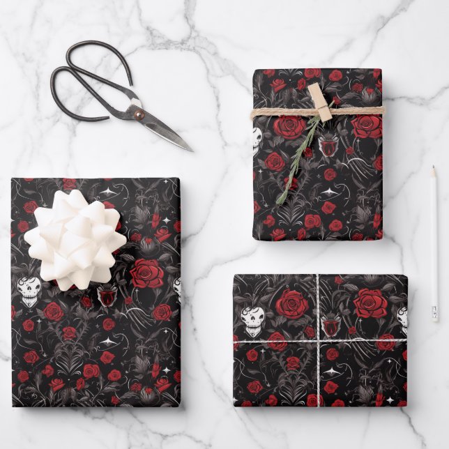 Gothic Red Roses and Skulls Geschenkpapier Set (Vorderseite)
