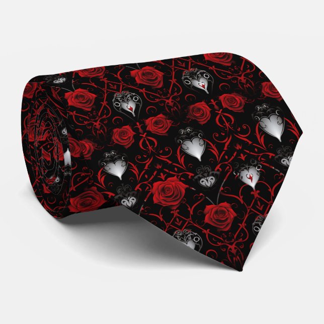 Gothic Red Roses Silver Hearts  Krawatte (Gerollt)