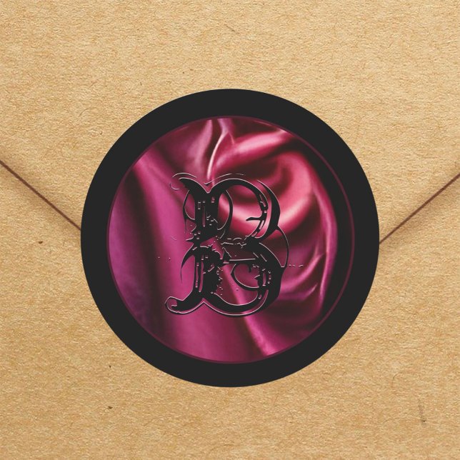 Gothic Red Satin Fabric Vampy Black Monogram Goth Runder Aufkleber (Von Creator hochgeladen)