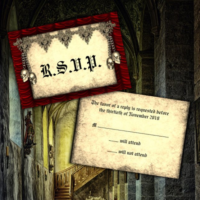 Gothic Red Silk and Gold Skulls Wedding RSVP Karte (Von Creator hochgeladen)