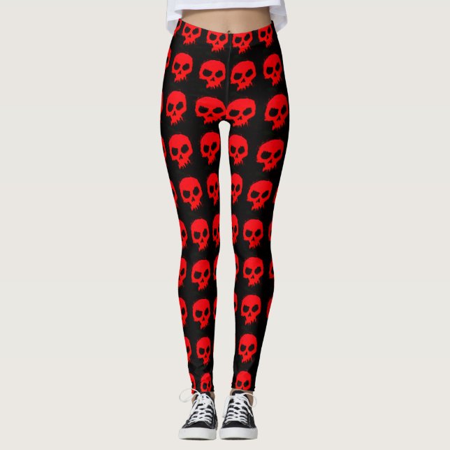 Gothic Red Skulls on Black Style Leggings (Vorderseite)