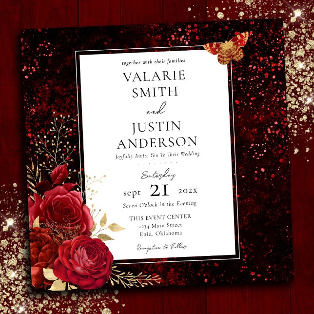 Gothic Red Spritzer Floral Wedding All in One Einladung (Von Creator hochgeladen)