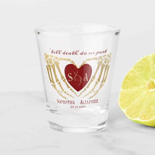 Gothic Red Wedding Skeleton Hands bis zum Tod Schnapsglas (Vorderseite)