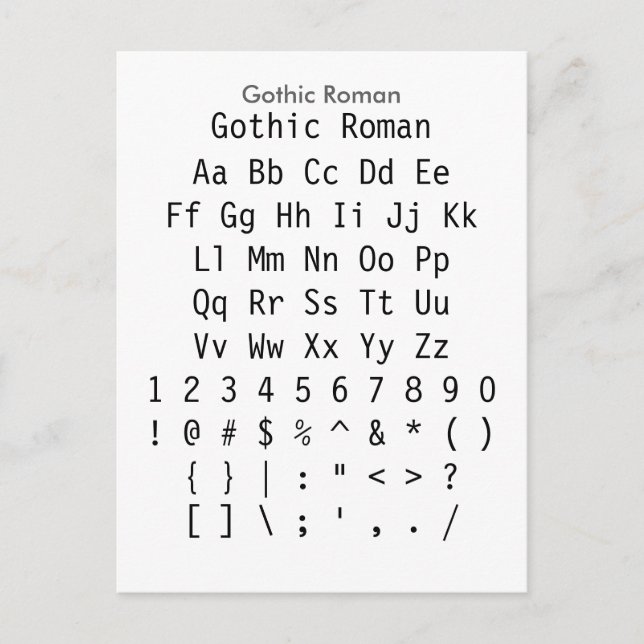 Gothic Roman - Zazzle Schriftart Sampler Sheet Postkarte (Vorderseite)
