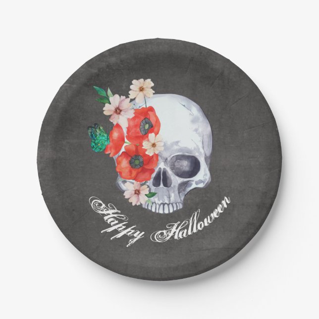 Gothic Romance Floral Skull Halloween Pappteller (Vorderseite)