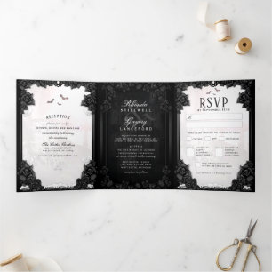 Gothic Romance Halloween Black & White MENU Dreifach Gefaltete Einladung