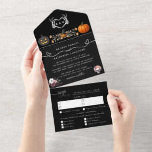 Gothic-Romantische Skeletthand Halloween-Hochzeit All In One Einladung