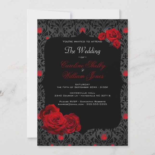 Gothic Rose Black and Red Wedding Einladung (Vorderseite)