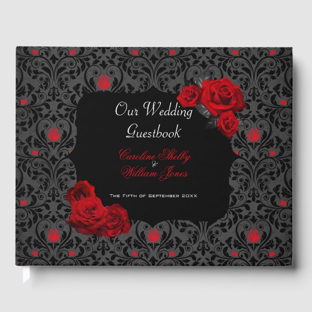 Gothic Rose Black and Red Wedding Einladung Gästebuch (Vorderseite)