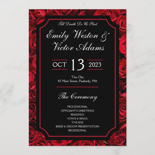 Gothic Rose Wedding Program Wide Menükarte (Vorderseite)
