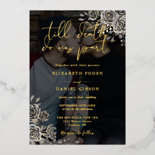 Gothic-Rosen Florale Hochzeit Schwarz Und Gold Fot Folieneinladung