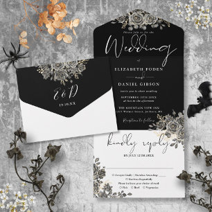 Gothic-Rosen Florale Schwarz-Weiße Hochzeit All In One Einladung