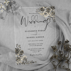 Gothic Roses Florale Schwarze und Goldene Hochzeit Acryleinladungen