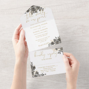 Gothic Roses Florales Gold Bis zum Tod Hochzeit All In One Einladung