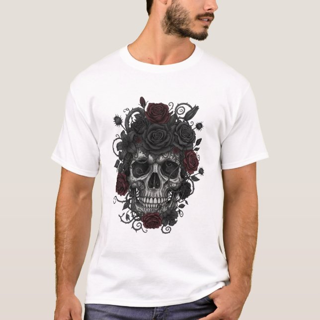 Gothic Roses Skull – Día de los Muertos Art T-Shirt (Vorderseite)