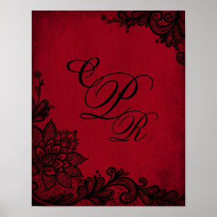 Gothic-Rot-Grunge-Schwarze-Spitze-Hochzeits-Monogr Poster