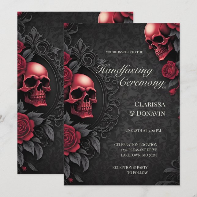 Gothic Rot & Schwarz Totenkopf & Rose Damast Handf Einladung (Vorne/Hinten)